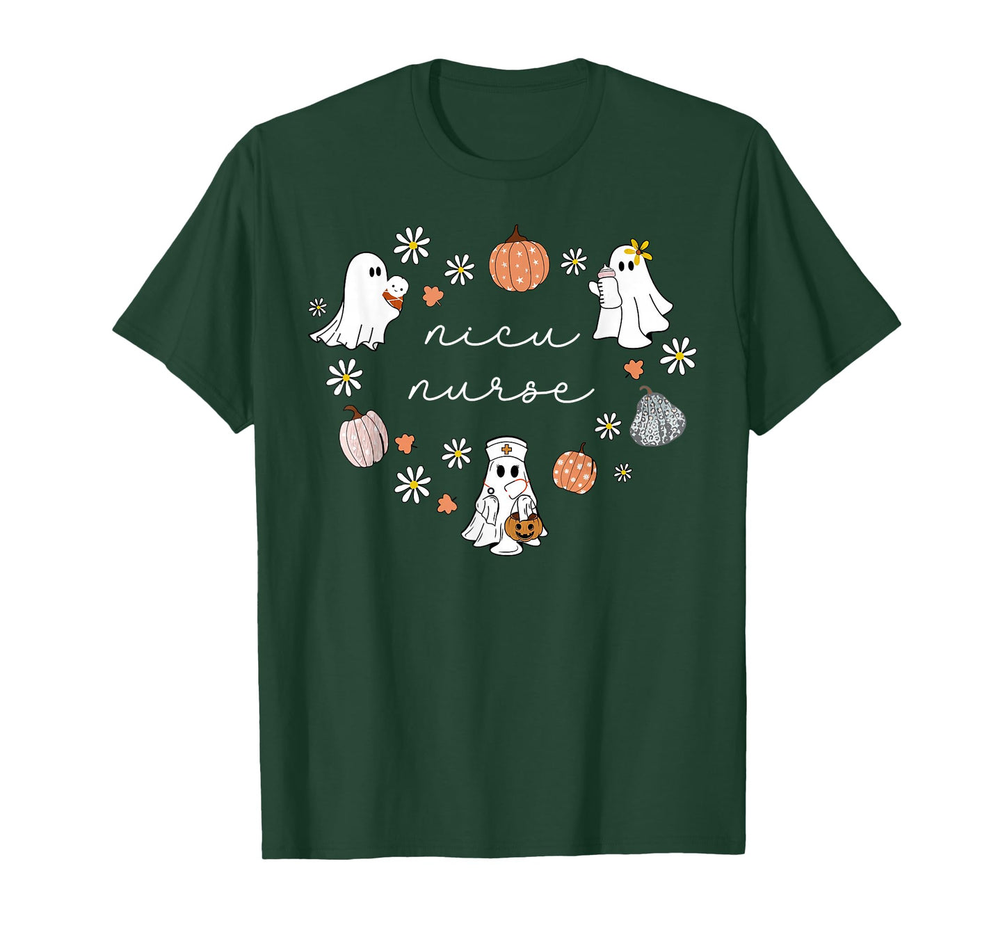 NICU Nurse Halloween Ghosts Pumpkin Floral Fall Neonatal ICU T-Shirt