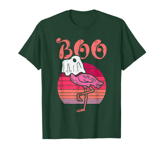 Flamingo Ghost Boo Pink Sunset Retro Halloween Bird Animal T-Shirt