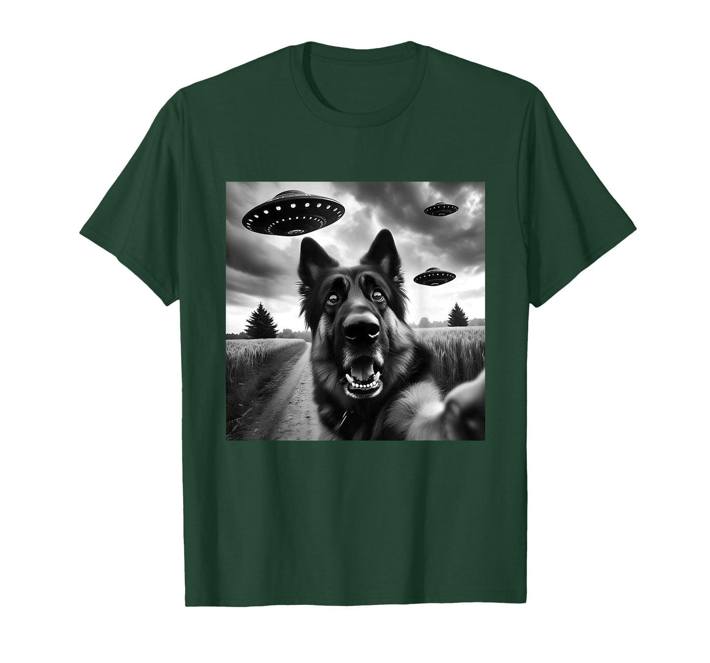 German Shepherd Funny GSP Selfie with UFOs Weird Aliens T-Shirt