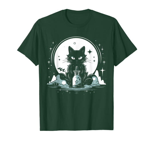 Moon Phases Crystal Witchy Cute Black Cat Kawaii Pastel Goth T-Shirt