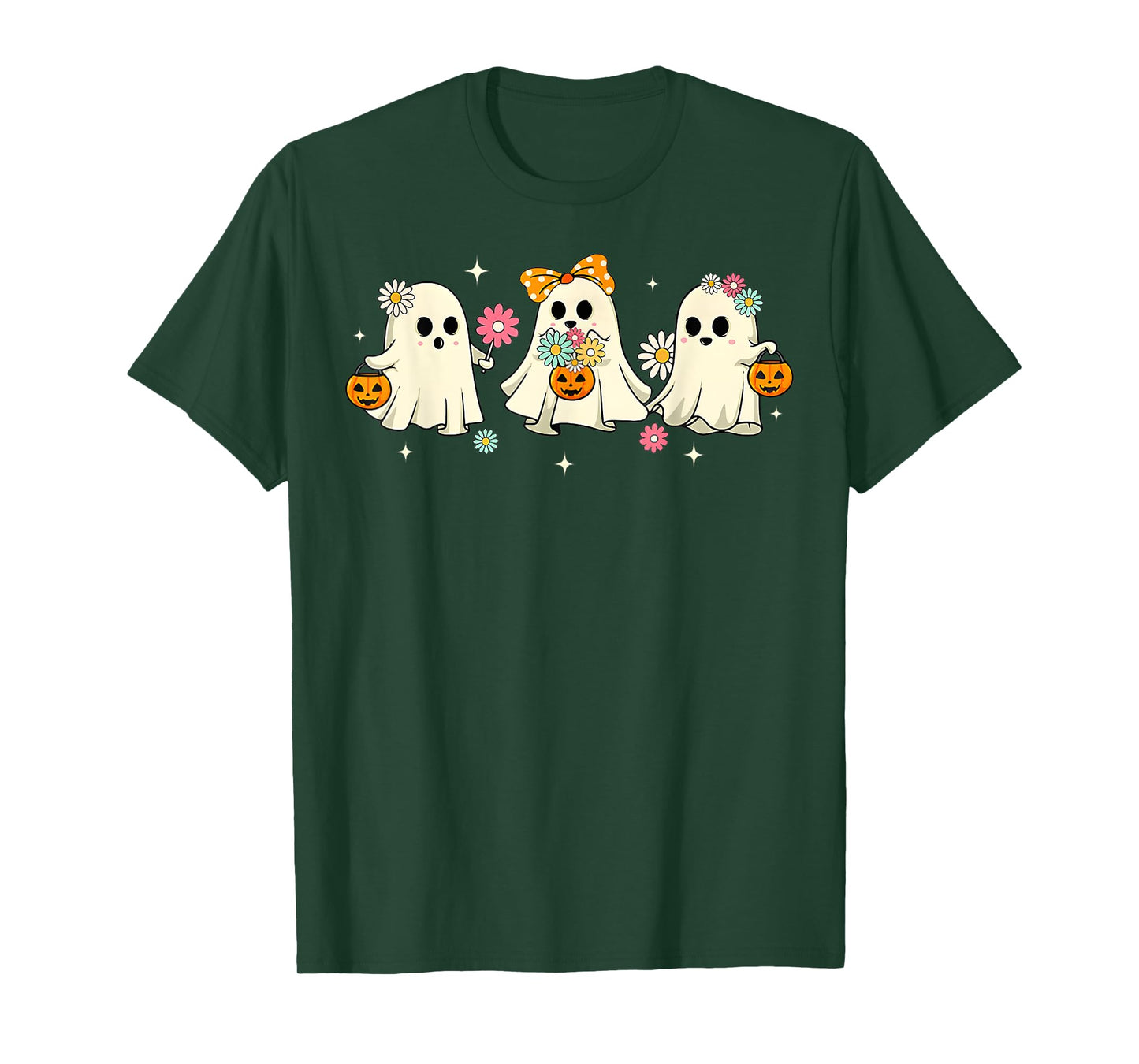 Cute Ghost Groovy Vintage Halloween Spooky Season Floral T-Shirt