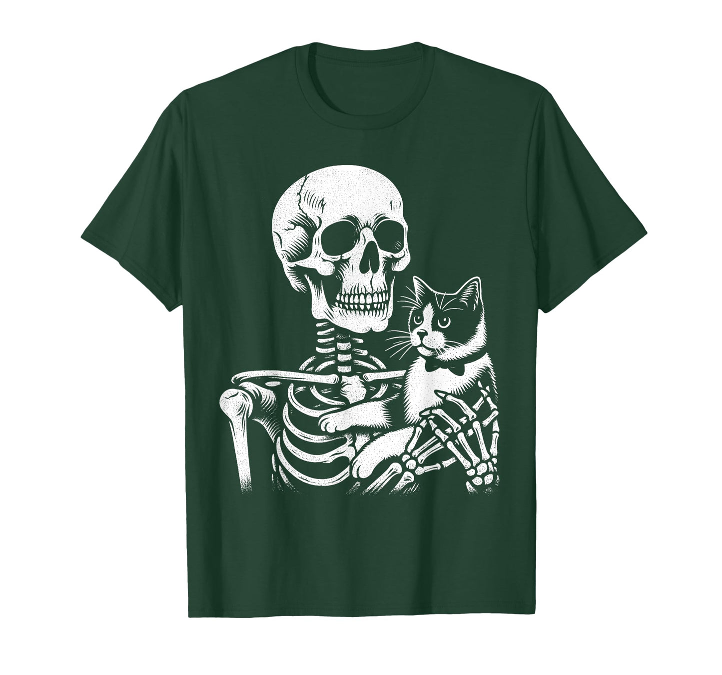 Skeleton Holding A Tuxedo Cat Lazy Halloween Costume Skull T-Shirt for Men Women Kids