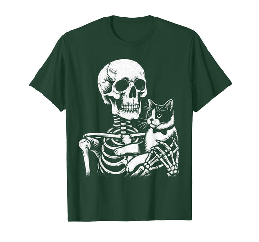 Skeleton Holding A Tuxedo Cat Lazy Halloween Costume Skull T-Shirt for Men Women Kids