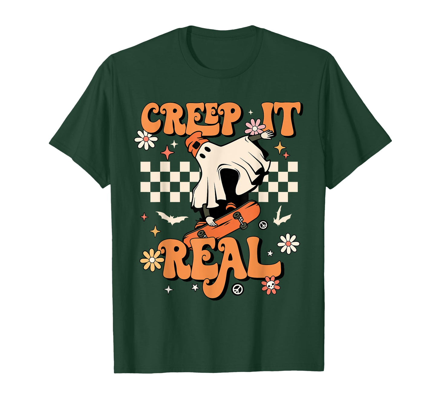 Creep It Real Retro Halloween Party Funny Ghost Skateboard T-Shirt