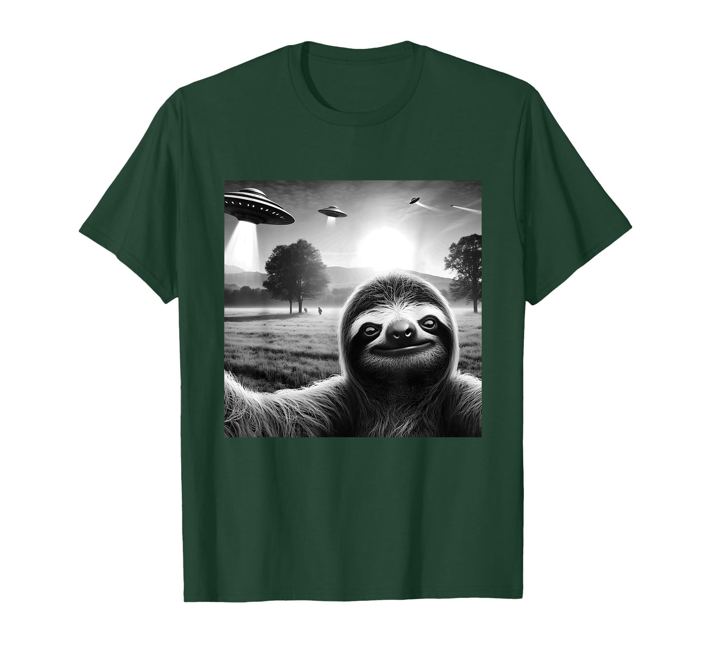 Sloth Funny Graphic Selfie with UFOs Weird Aliens T-Shirt