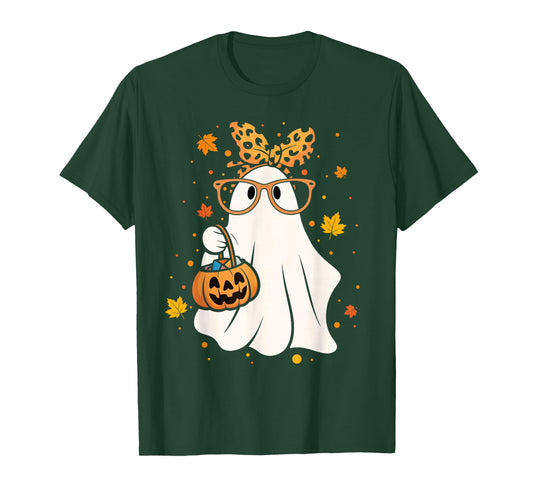 Halloween Ghost Glasses Cute Leopard Bandana Girl Women T-Shirt