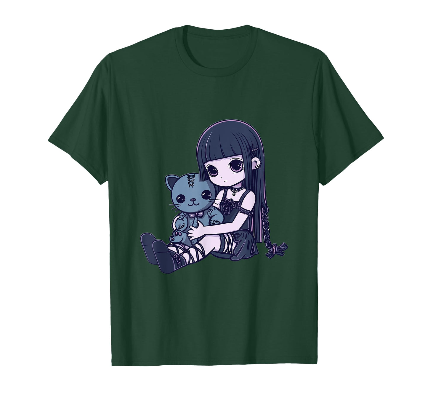 Goth Pastel Kawaii Anime Girl with Voodoo doll Teddy Cat T-Shirt