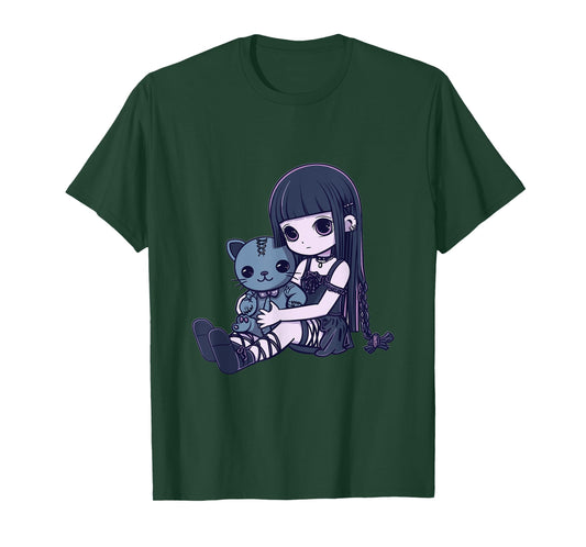 Goth Pastel Kawaii Anime Girl with Voodoo doll Teddy Cat T-Shirt