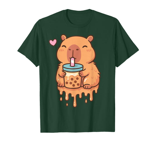 Dripping Kawaii Capybara Drinking Boba Bubble Tea Cute Anime T-Shirt