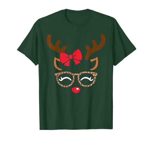 Reindeer Face Bow Leopard Glasses Christmas Girls Pajama T-Shirt