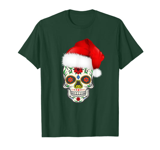 Sugar Skull T-Shirt With Christmas Santa Hat Day of the Dead