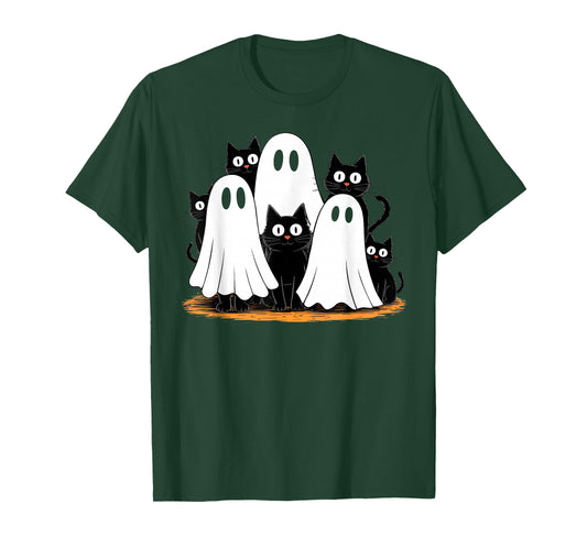 Cute Ghost Black Cat Halloween Costume Men Women Spooky Cat T-Shirt
