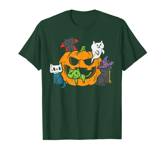 Vampire Ghost Zombie Witch Cats In Pumpkin Cute Halloween T-Shirt