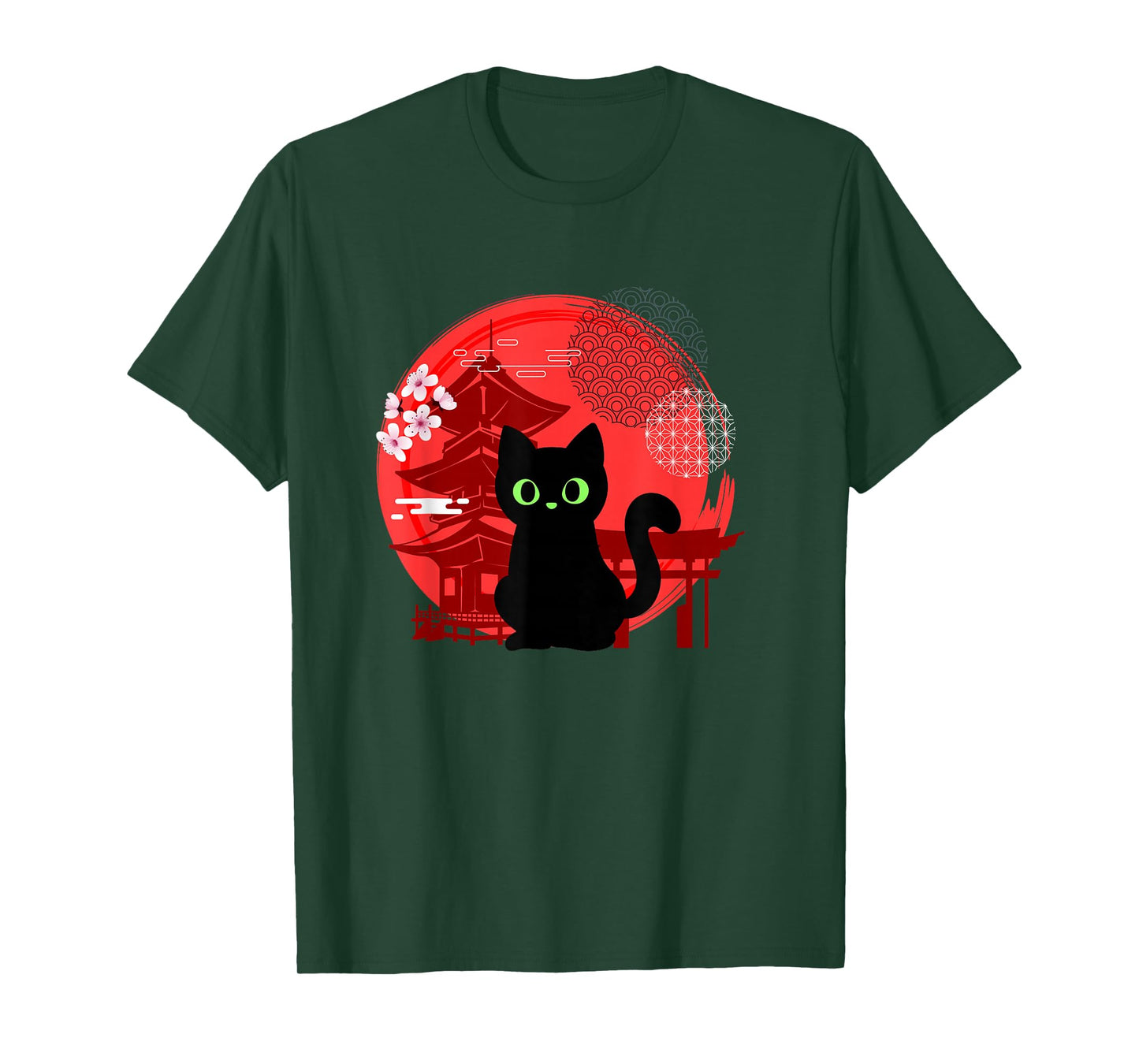 Japanese Cat Silhouette Flower Kitten Anime Lover Cat T-Shirt