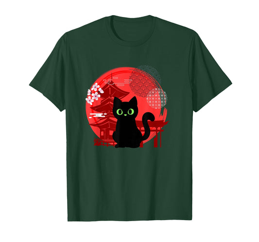 Japanese Cat Silhouette Flower Kitten Anime Lover Cat T-Shirt