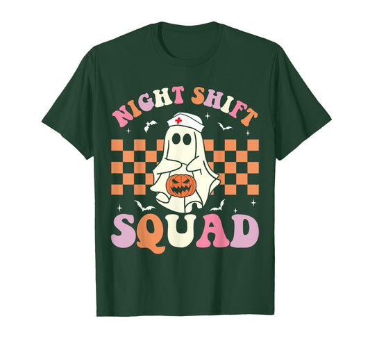 Night Shift Squad Groovy Funny Halloween Nurse Ghost Women T-Shirt