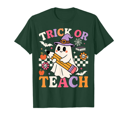 Retro Floral Ghost Trick Or Teach Groovy Teacher Halloween T-Shirt