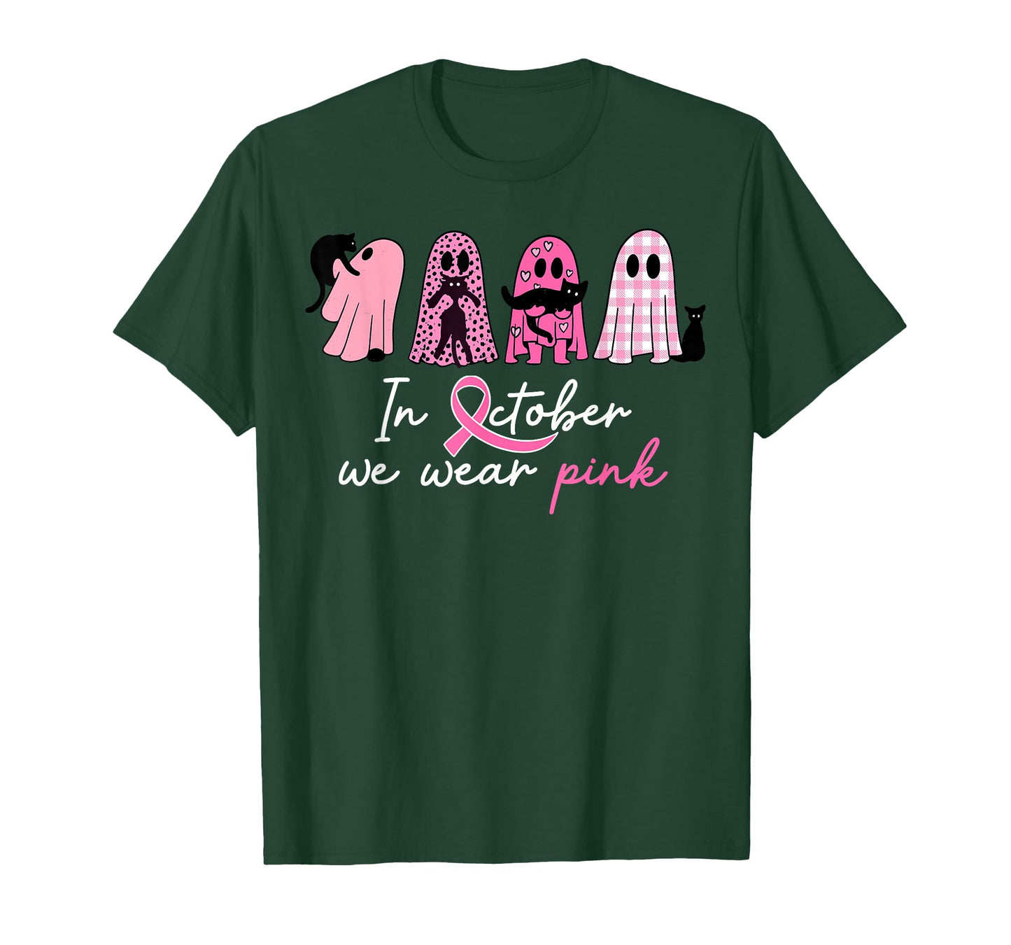 in October We Wear Pink Pumpkin Cat Breast Cancer Awareness T-Shirt