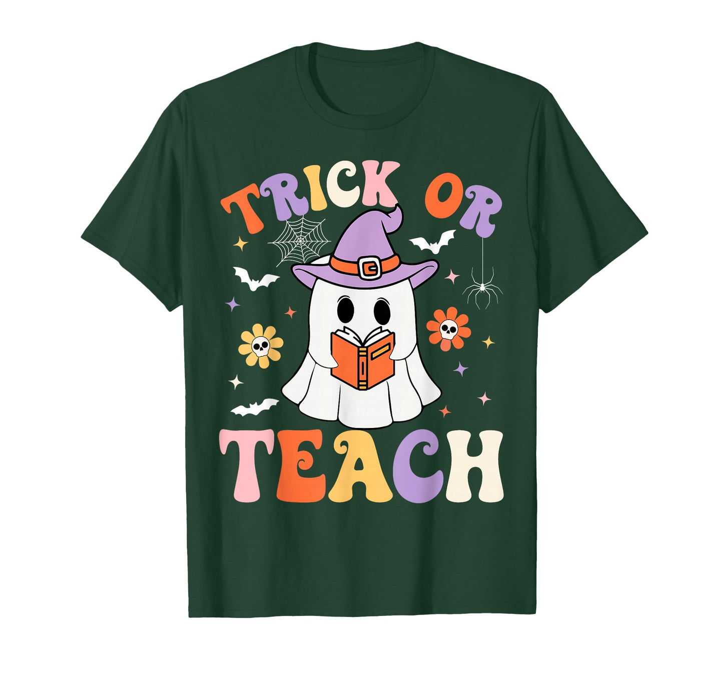 Trick Or Teach Teacher Groovy Ghost Funny Halloween Teacher T-Shirt