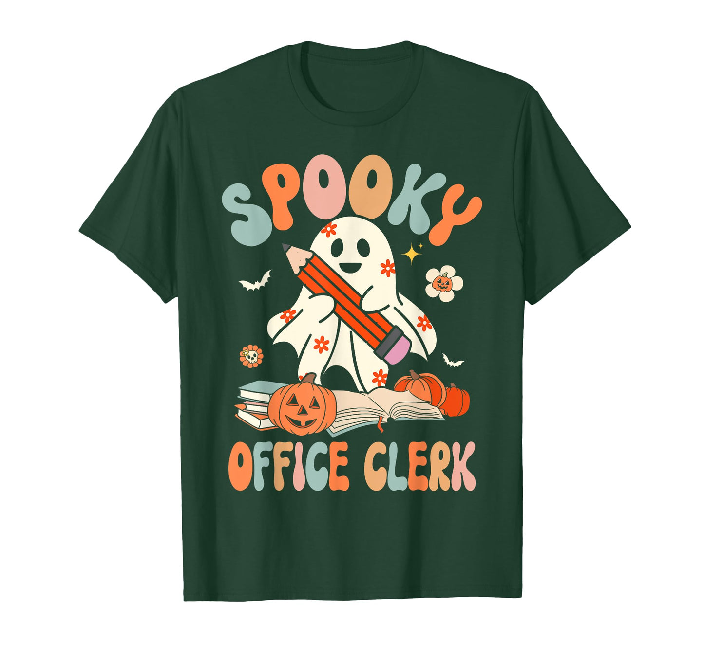 Groovy Halloween Spooky Office Clerk Retro Floral Ghost T-Shirt