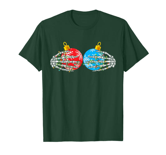 Skeleton Hands On Chest Boobs Christmas Lights Ornament Xmas T-Shirt