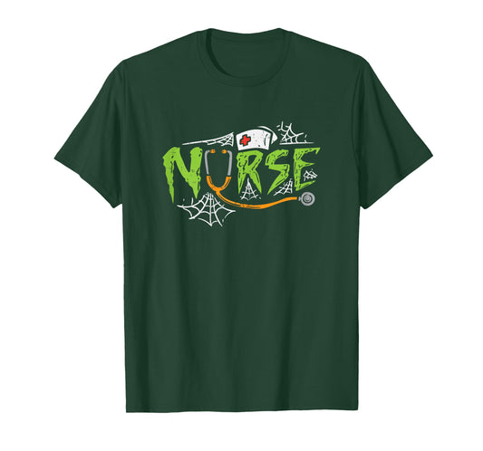 Nurse Spiderwebs Stethoscope Scary Halloween Costume RN Gift T-Shirt