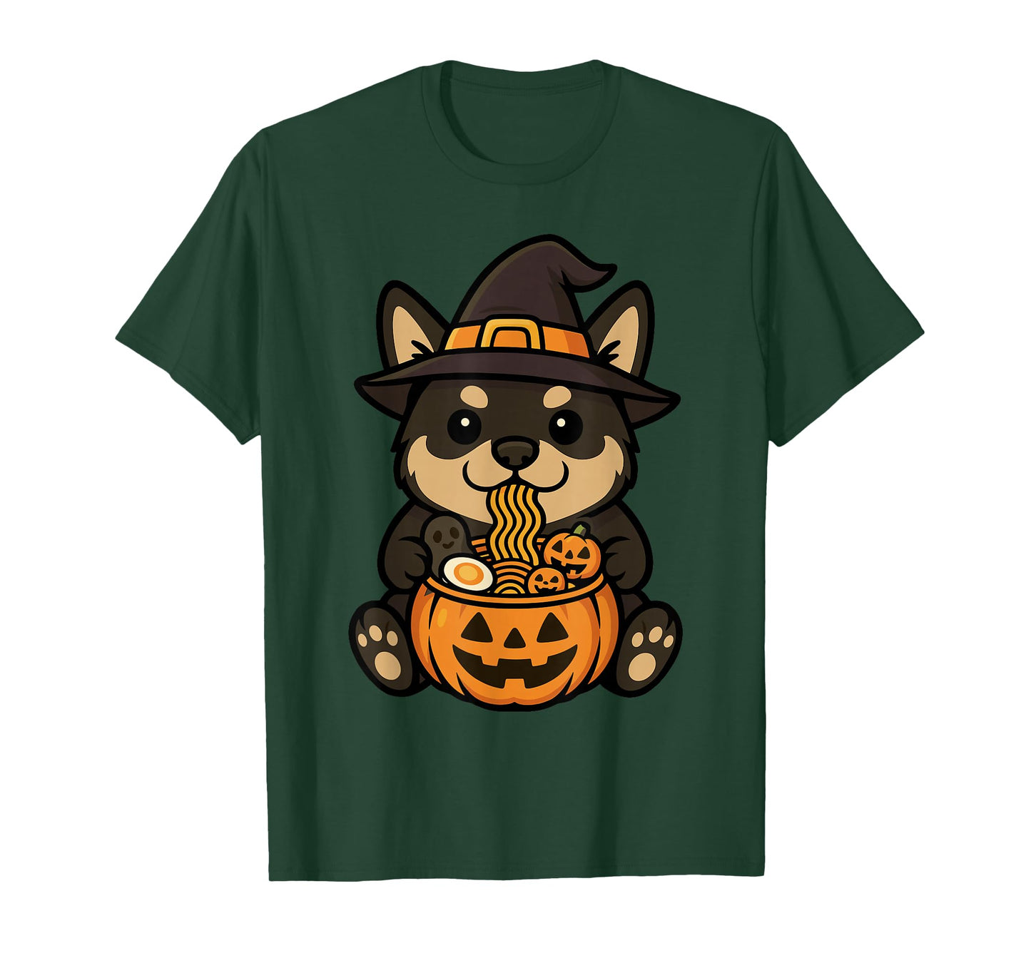 Spooky Black Tan Shiba Inu Pumpkin Japanese Ramen Noodles T-Shirt