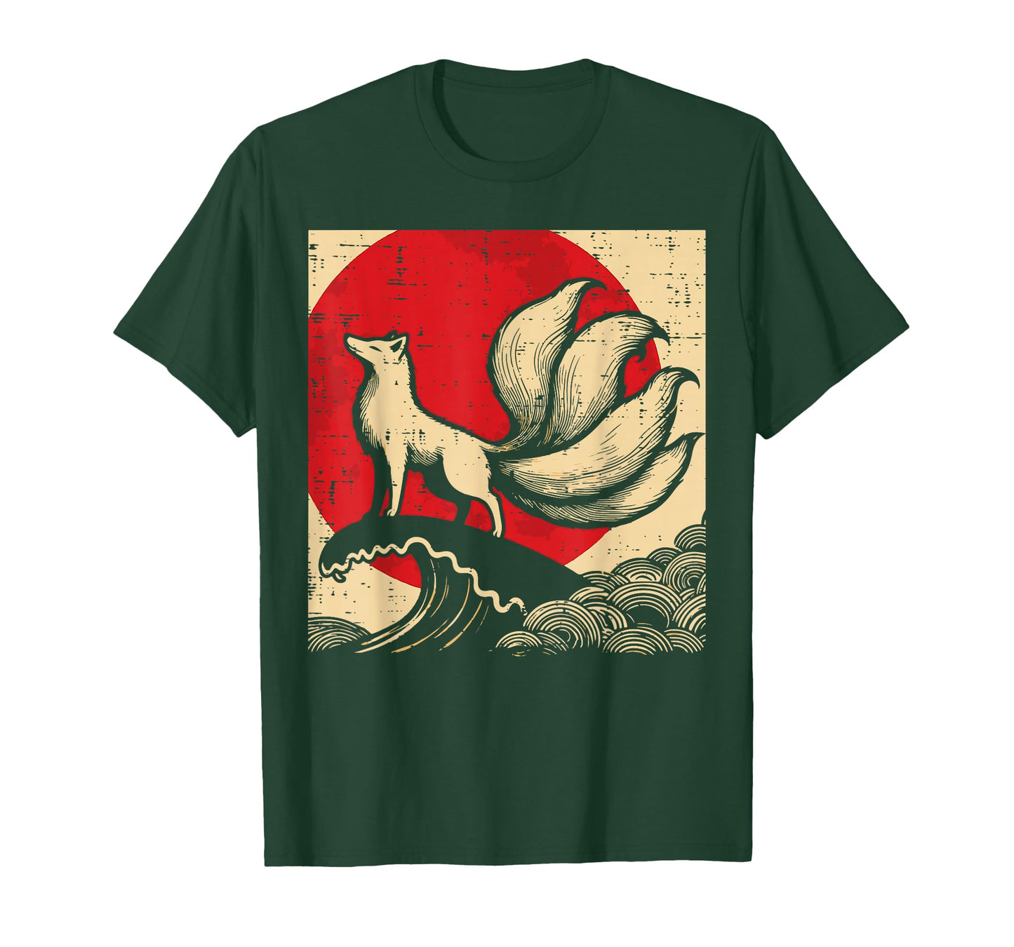 Nine Tailed Fox Red Sun Japanese Ukiyo-e Art Women Men Kids T-Shirt