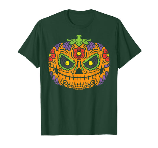 Pumpkin Sugar Skull Dia De Los Muertos Halloween Mexican T-Shirt