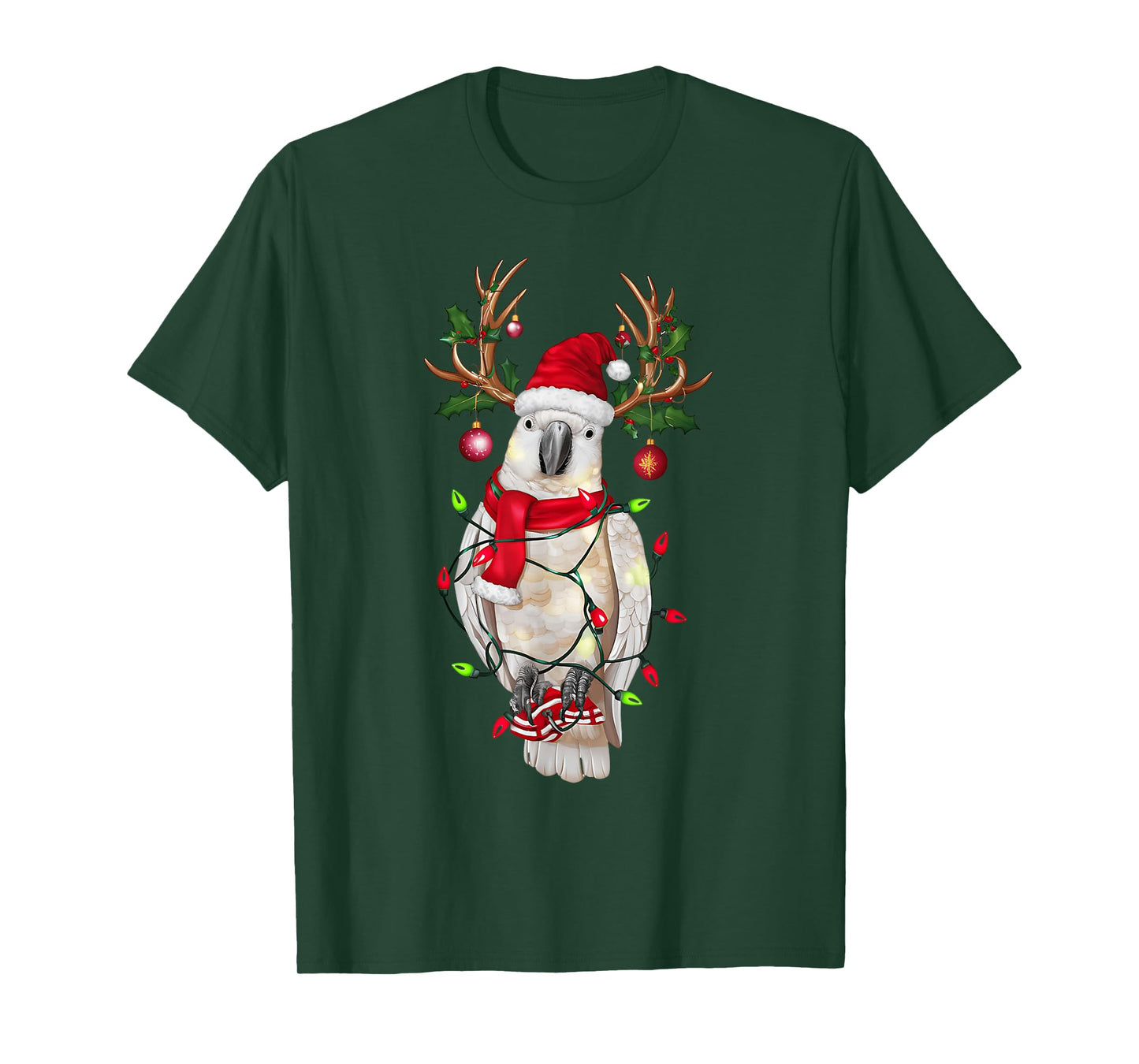 Funny Cockatoo Reindeer Christmas Tree Light Xmas T-Shirt - Black, Unisex-Adults & Kids, Short Sleeve, T-Shirt, Size Small