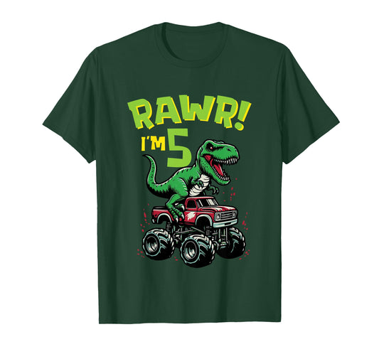 Kids Rawr Im 5 Dino On Monster Truck 5th Birthday Trex Boys Kids T-Shirt