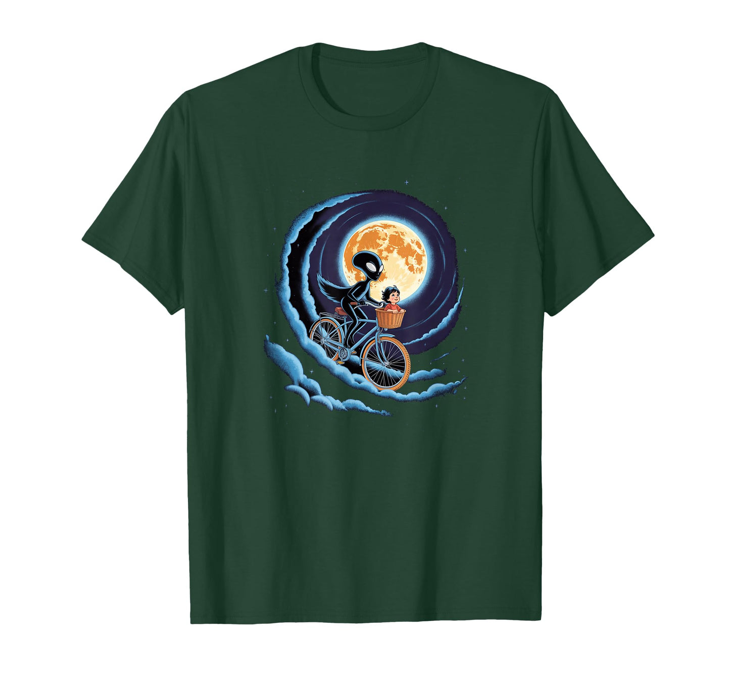 Alien & Kid Flying Bike - Retro Moon Ride Graphic T-Shirt