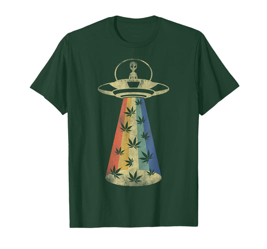 Alien UFO Abduction Weed Cannabis Marijuana Leaf Funny T-Shirt