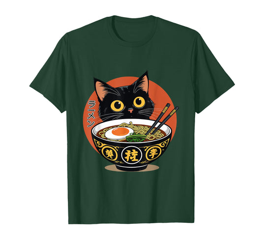 Kawaii Anime Cat Eating Ramen Funny Japanese Noodles Lovers T-Shirt
