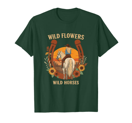 Wild Flowers Wild Horses Retro Rodeo Western Country Cowgirl T-Shirt