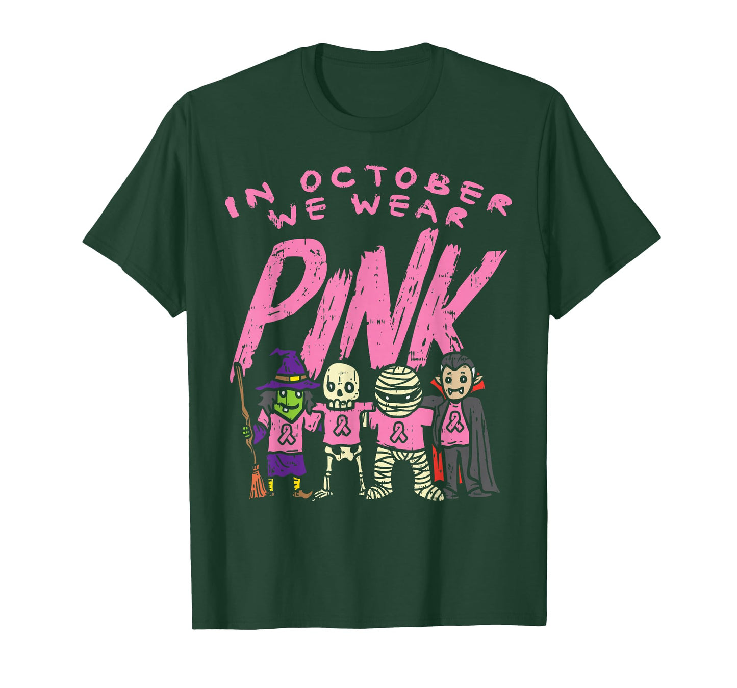 October We Wear Pink Witch Skeleton Halloween Breast Cancer T-Shirt