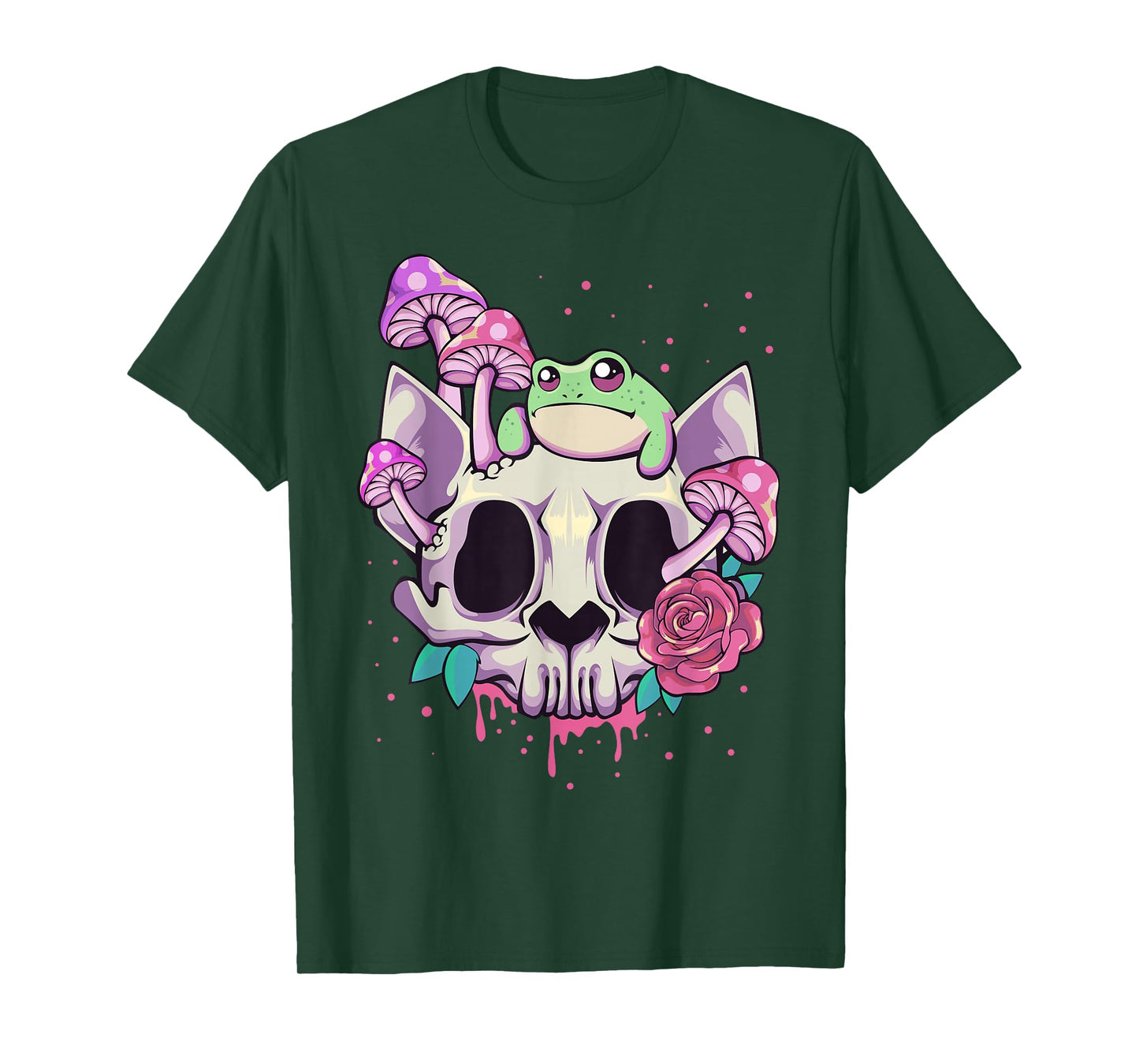Pastel Goth Kawaii Frog On A Cat Skull with Mushroom T-Shirt