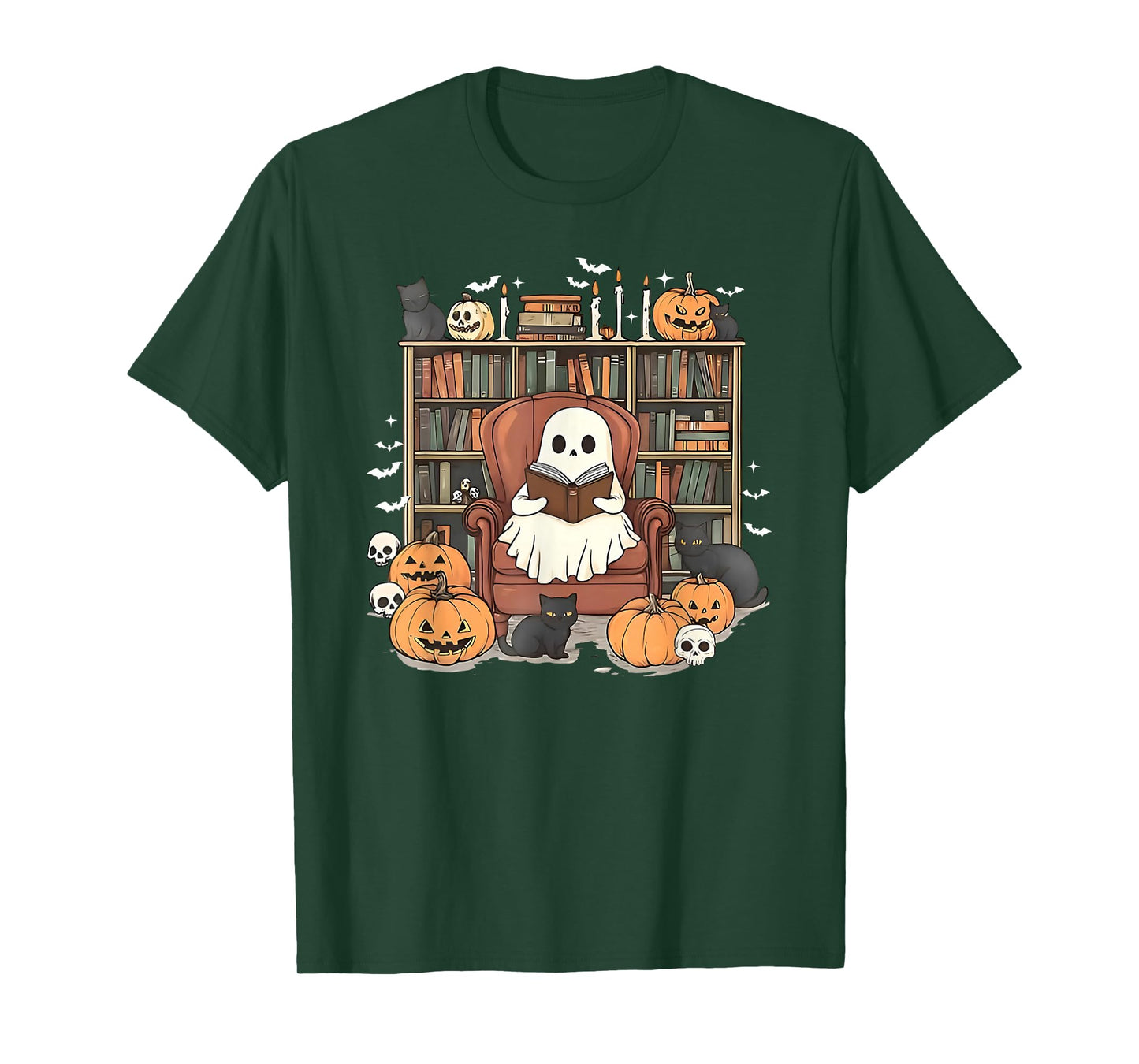 Ghost Library Halloween Book Reading Books Lover Teacher T-Shirt