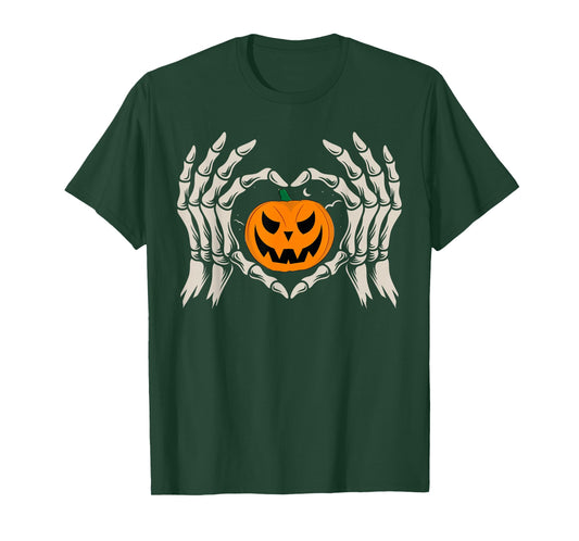 Skeleton Hand Heart with Pumpkin Halloween Funny Bones Love T-Shirt