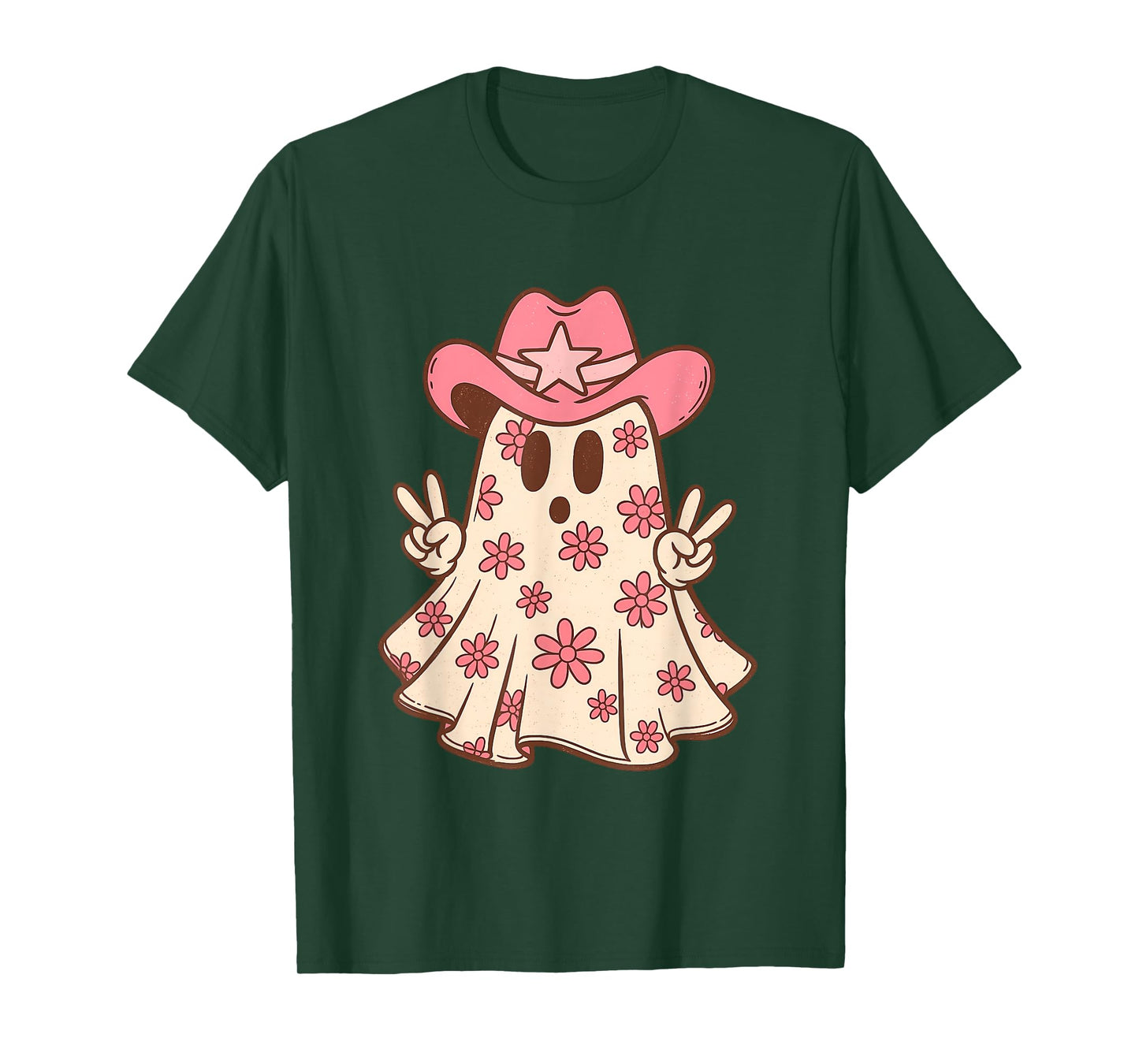 Pink Ghost in Cowboy Hat with Sunflowers Western Halloween T-Shirt