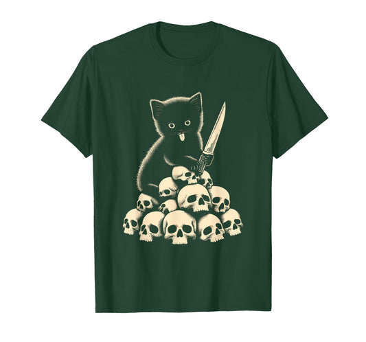 Cute Cat With Knife And Skulls - Spooky Halloween Costume T-Shirt for Men Women