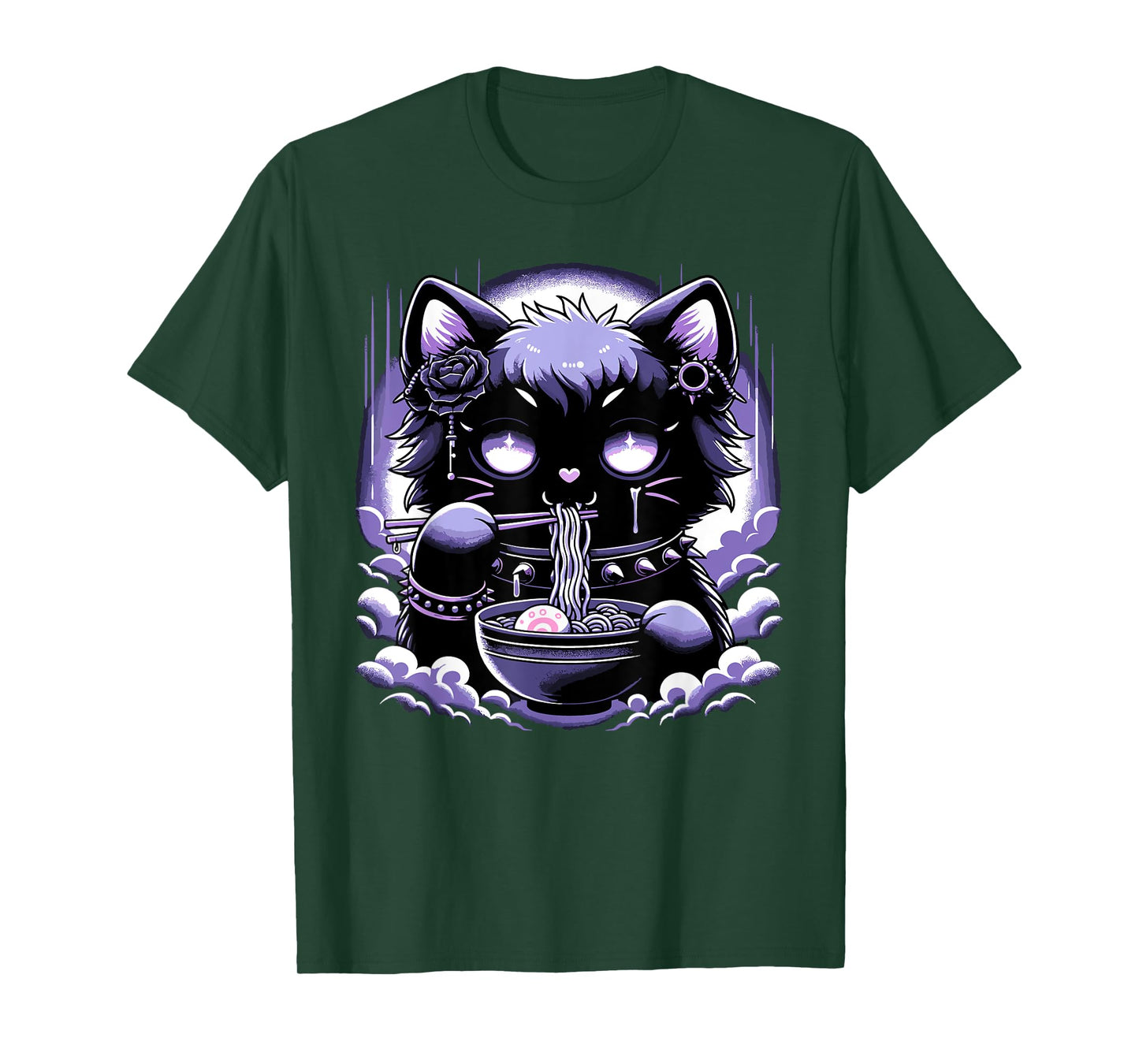 Pastel Goth Aesthetic Kawaii Creepy Cat Eating Ramen Noodles T-Shirt