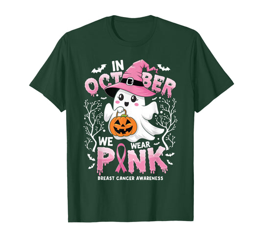 In October We Wear Pink Ghost Witch Breast Cancer Awareness T-Shirt
