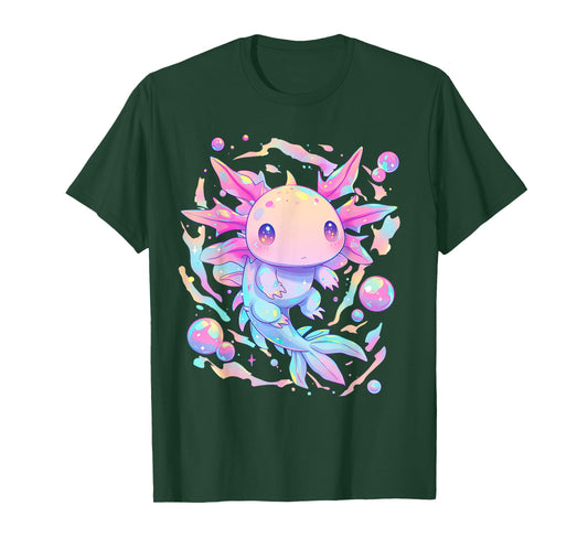 Kawaii Pastel Goth Cute Pink Sparkles Axolotl and Bubbles T-Shirt