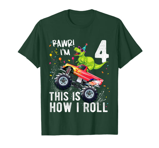 Kids T Rex Dinosaur Monster Truck 4th Birthday Boys and Girls T-Shirt