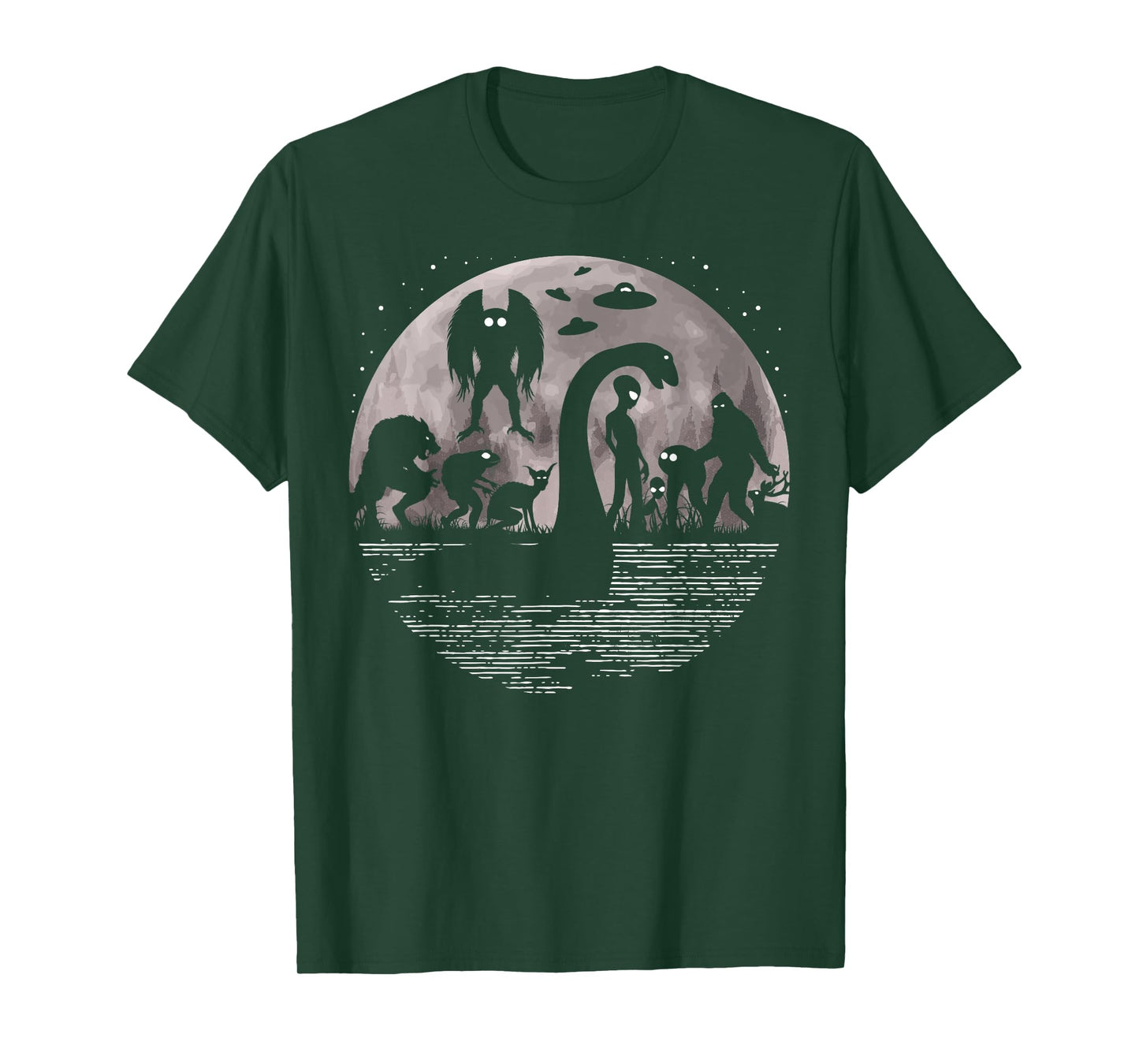 Bigfoot Loch Ness Monster Mothman and Aliens! Funny Cryptid T-Shirt Small