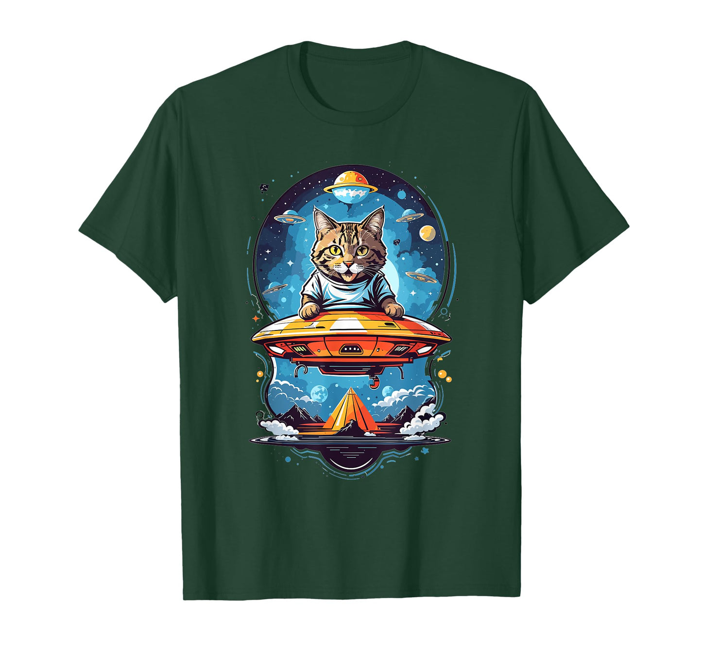 Aliens and UFO Cats Cute Cat Abducted By UFO Graphic T-Shirt - Black - Unisex-Adults/Kids - Short Sleeve - Small - Classic Fit - Cotton 50% Polyester 50%