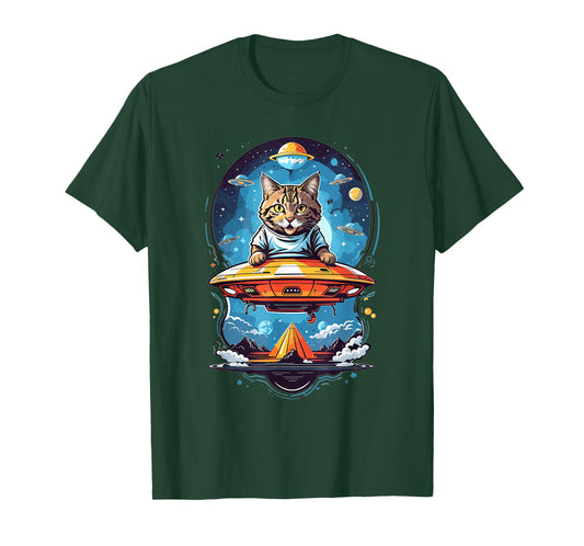 Aliens and UFO Cats Cute Cat Abducted By UFO Graphic T-Shirt - Black - Unisex-Adults/Kids - Short Sleeve - Small - Classic Fit - Cotton 50% Polyester 50%
