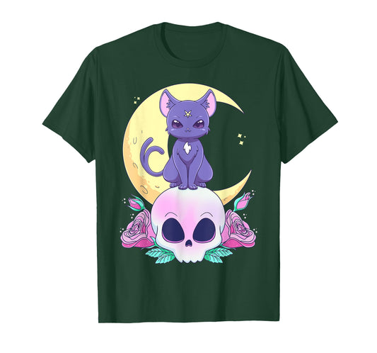 Pastel Goth Witchy Cat Cute Creepy Wiccan Cat And Skull T-Shirt