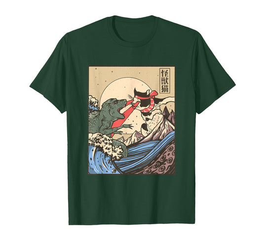Kaiju Monster vs Cat Laser Eye Fight Japanese Zilla T-Shirt Small